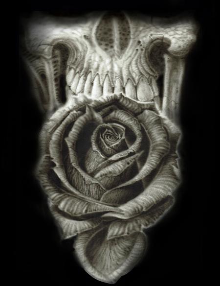Rafael Marte - Rose and Skull airbrush art. Acrylic on watercolor paper. 